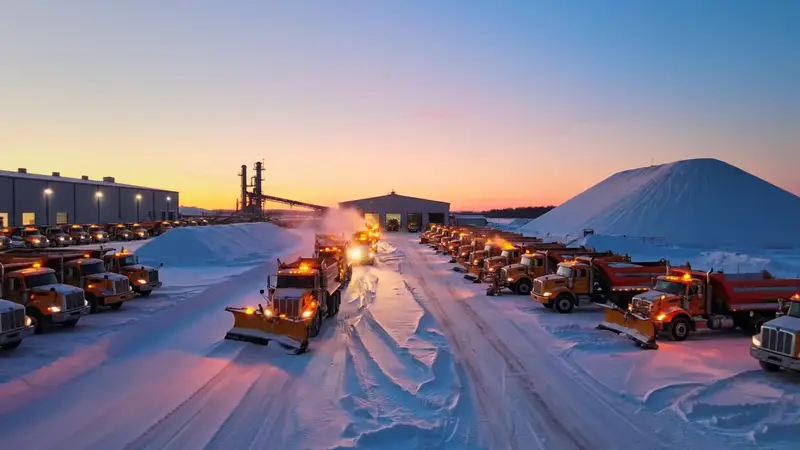 Aerial flyover of plow trucks lined up beside a salt pile at a snowy yard at dawn