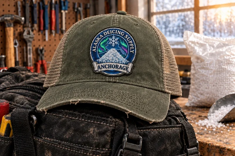 Alaska Deicing Supply trucker cap on a tool bag in a workshop