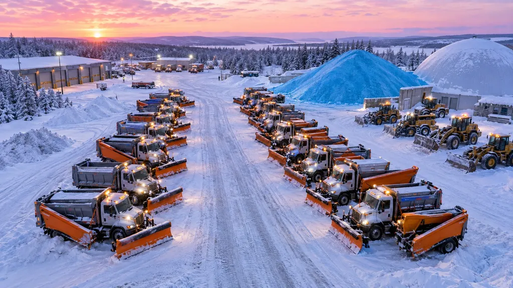 Rows of orange plow trucks staged at a salt yard at dusk