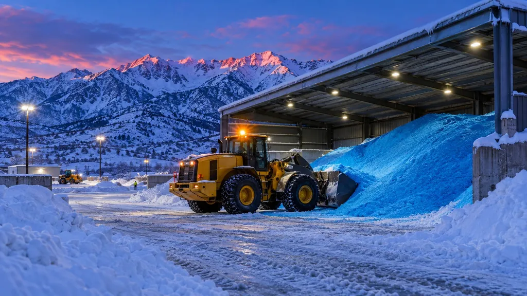 Loader working a blue salt pile under a covered shed at a mountain yard at blue hour