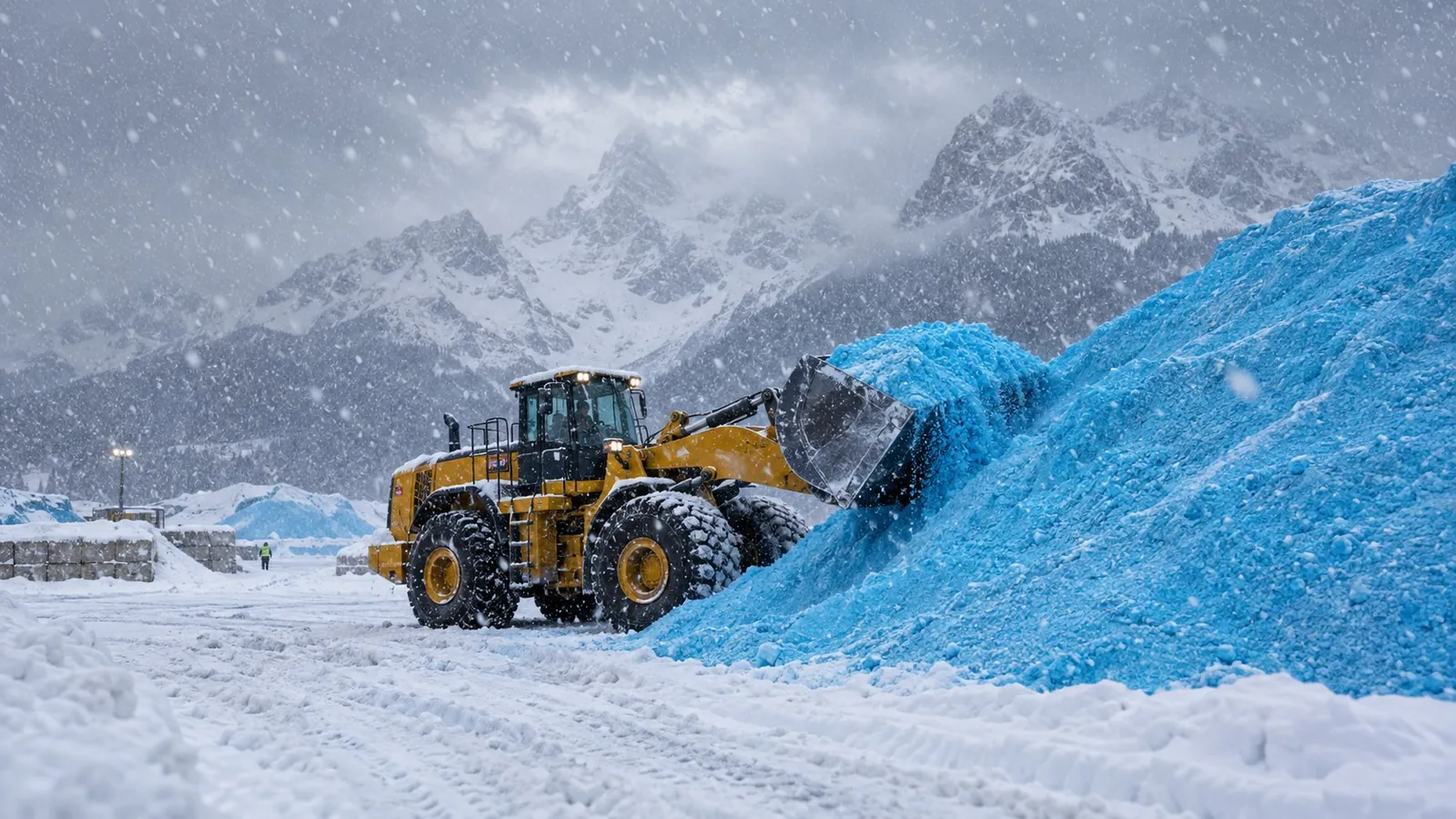 Yellow wheel loader pushing a tall pile of blue treated salt at a snowy yard below jagged mountains in falling snow